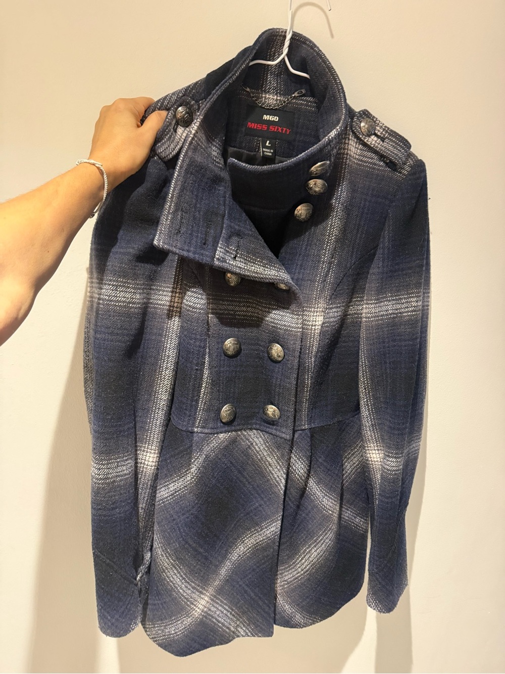 Miss Sixty M60 Women’s Blue Gray Plaid Double Breasted Pea Coat Jacket L